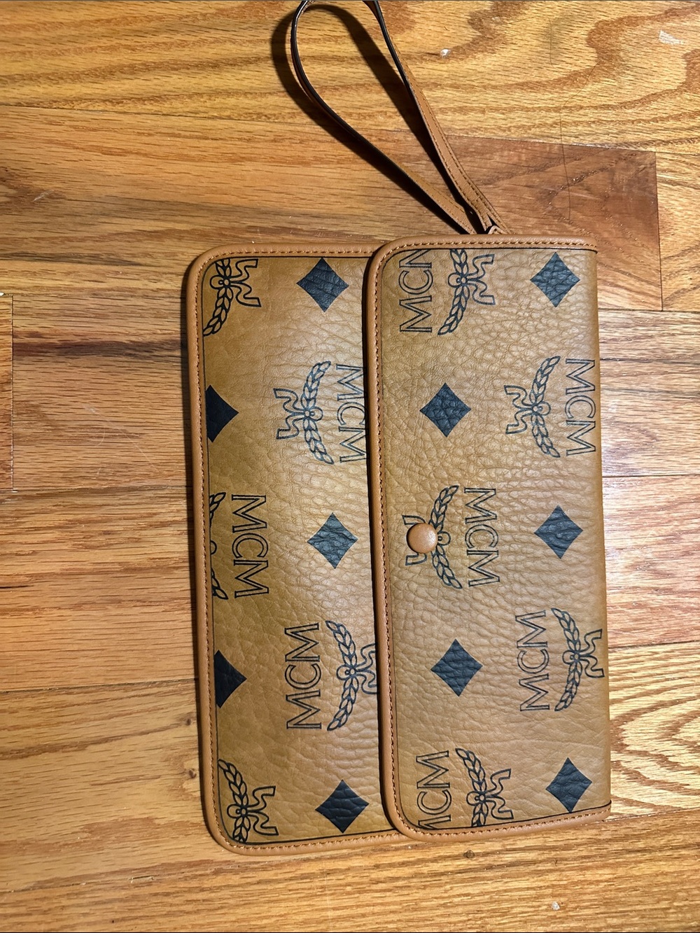 MCM Cognac Tan Visetos Logo Wristlet Clutch